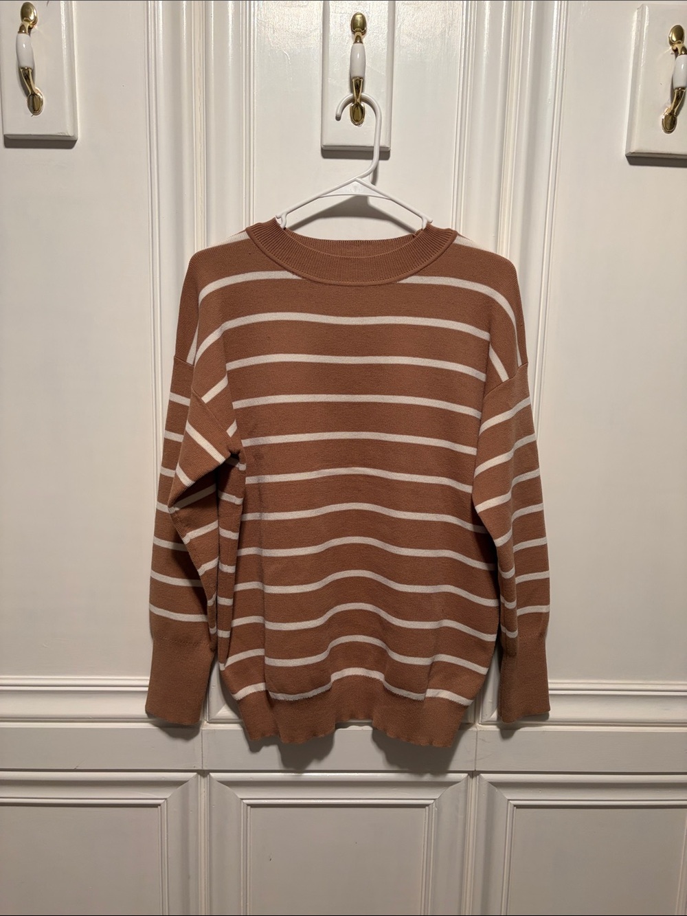 Ingrid & Isabel Brown and Cream Striped Crewneck Sweater